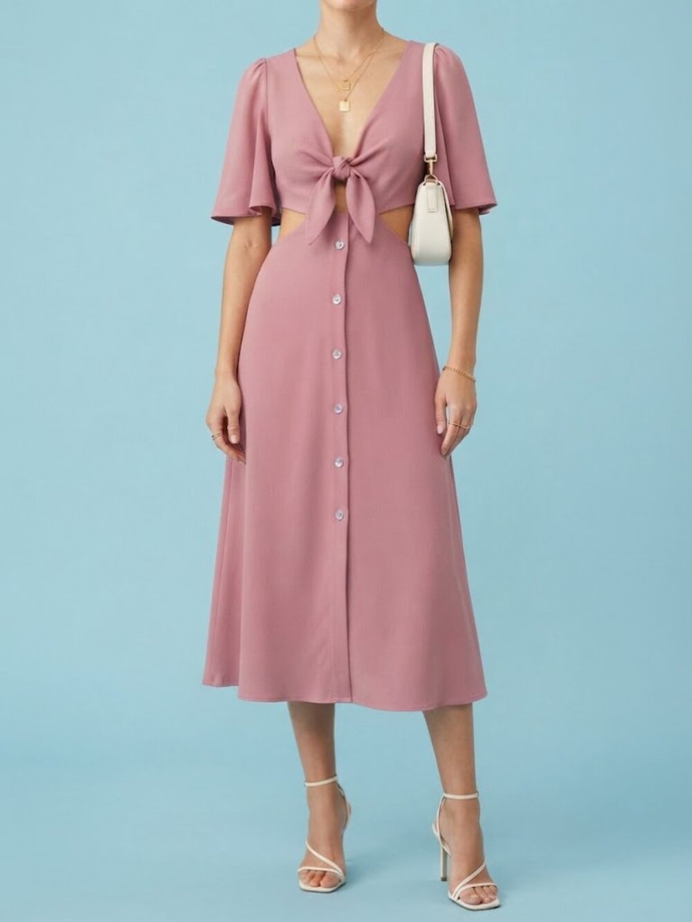 ZARA Pink Cut Out V-Neck Tie & Button Front Midi Dress